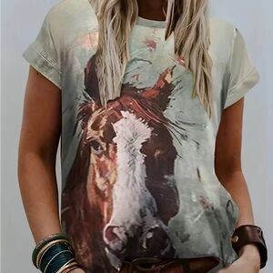 - Horse western blouse. T shirt cut. Machine washable. Has stretch